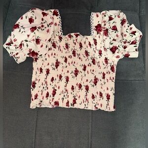 Floral Smocked Puff Sleeve Crop Top Square Neck Cottagecore S